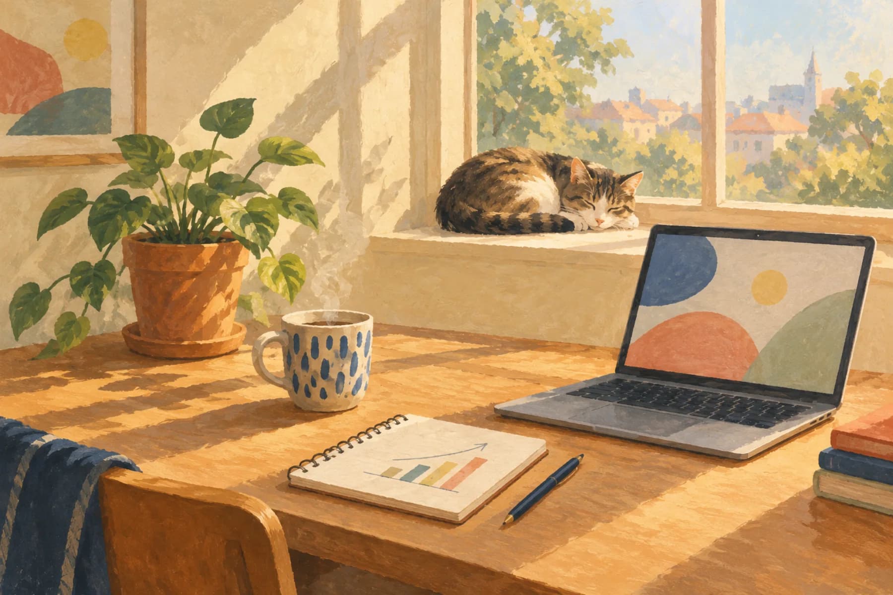 A sunlit desk with a notebook sketch of a rising chart, a mug, a plant and a sleeping cat