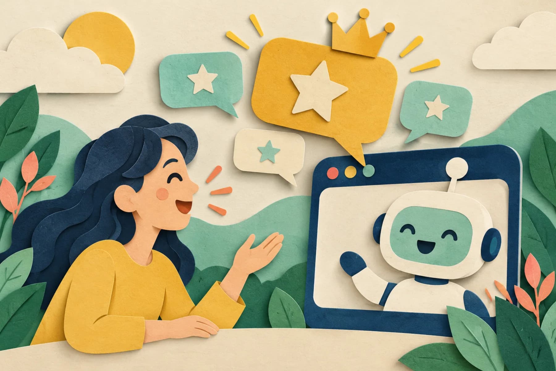 A paper-cut scene of a person chatting with a friendly AI assistant while answer bubbles appear, one wearing a crown
