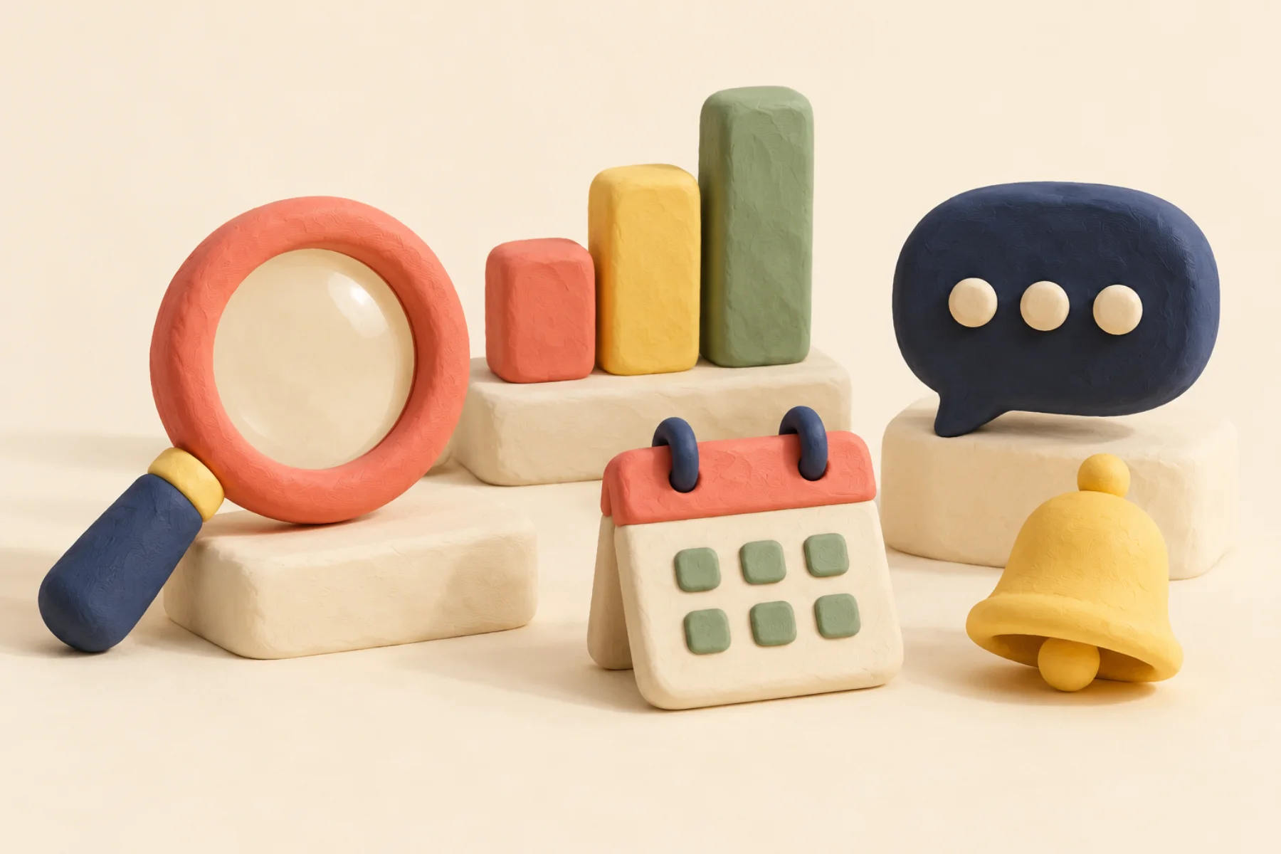 Soft clay objects: a magnifier, bar chart, speech bubble, calendar and bell