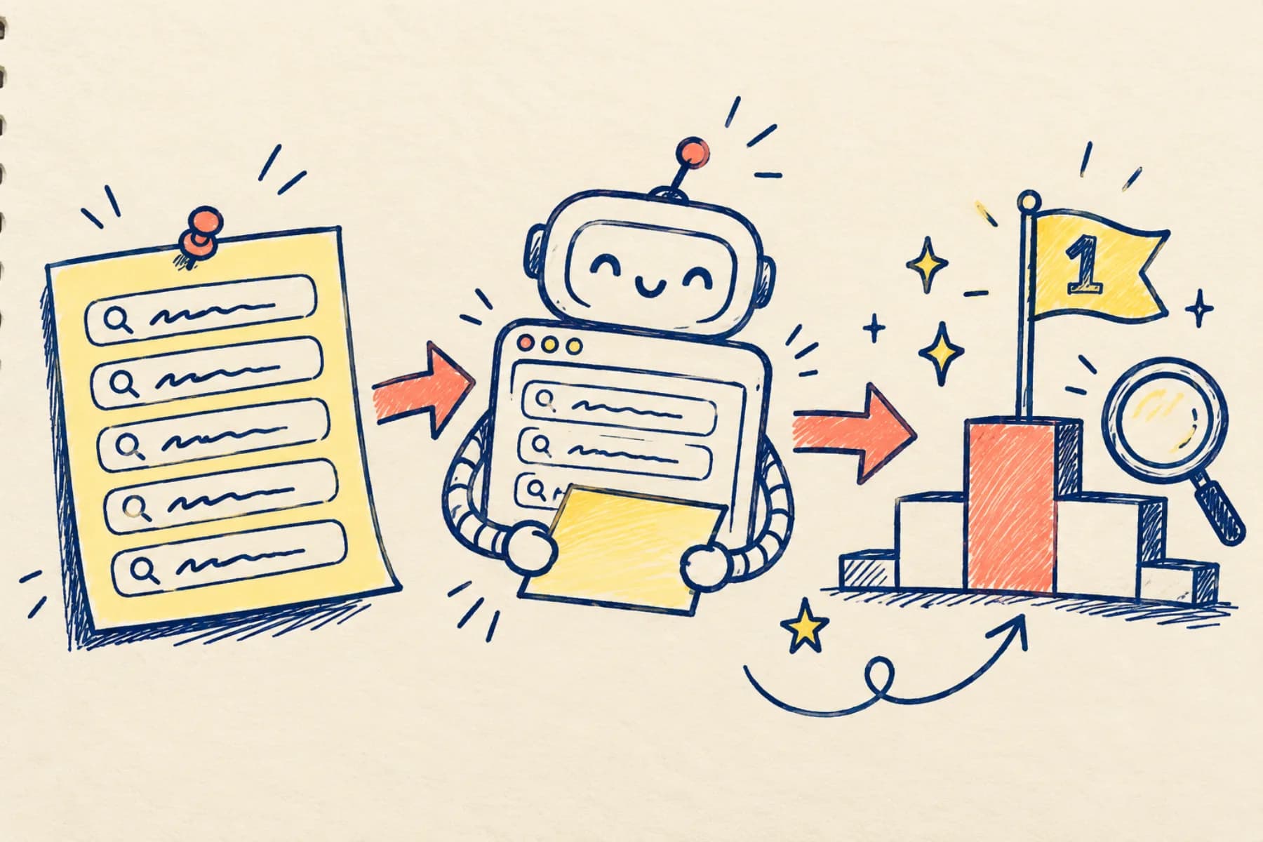 A hand-drawn flow: a list of search phrases, a robot reading them, a podium with the number 1