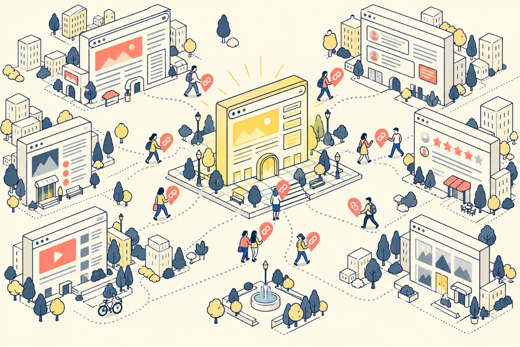 An isometric town of web pages, with people carrying link pins to one highlighted building